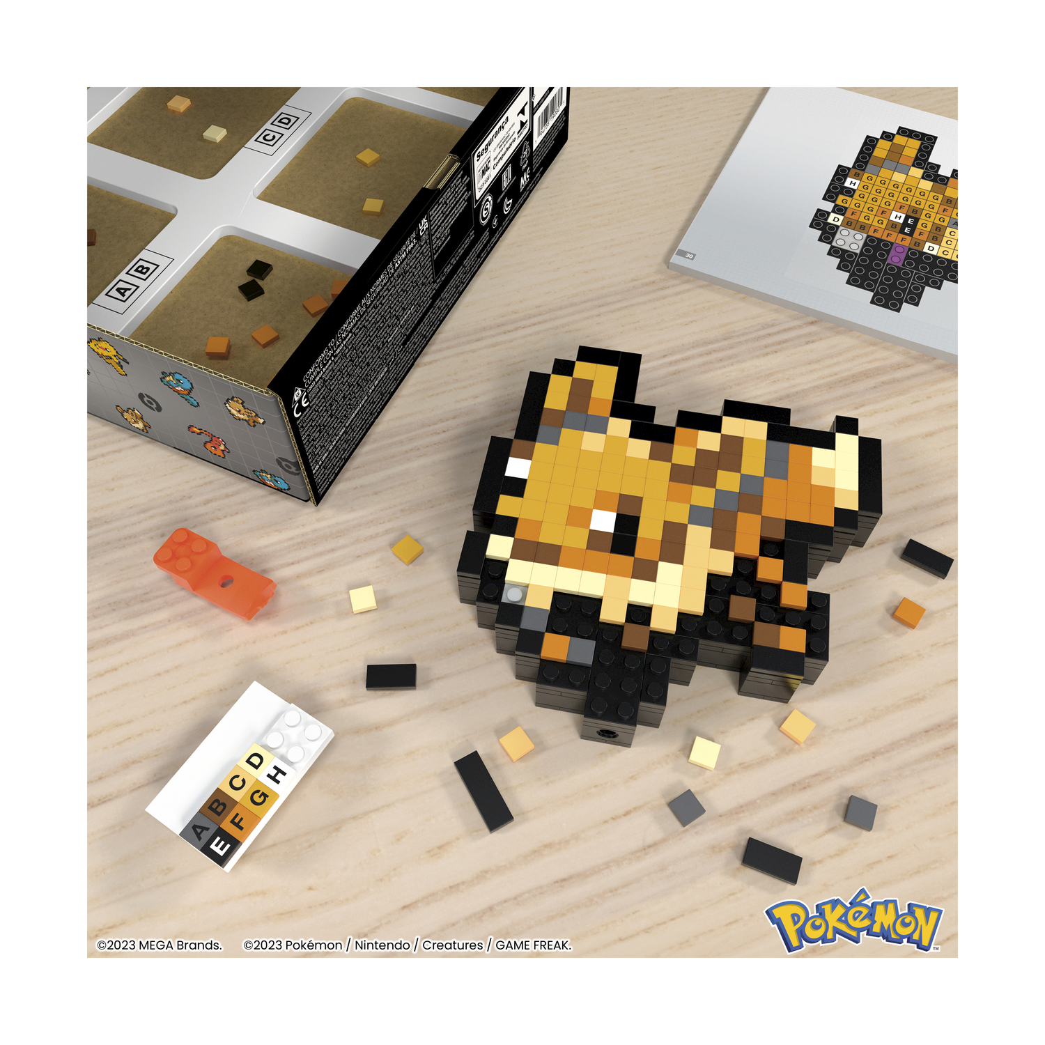 Pixel-Art-Nachbildung von Evoli aus Pokémon, mit Bausteinen und Anleitung.