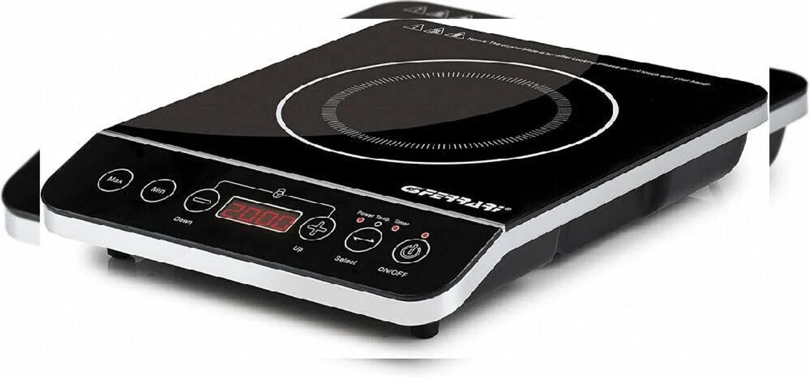 Czarna płyta indukcyjna z cyfrowym wyświetlaczem i przyciskami.
