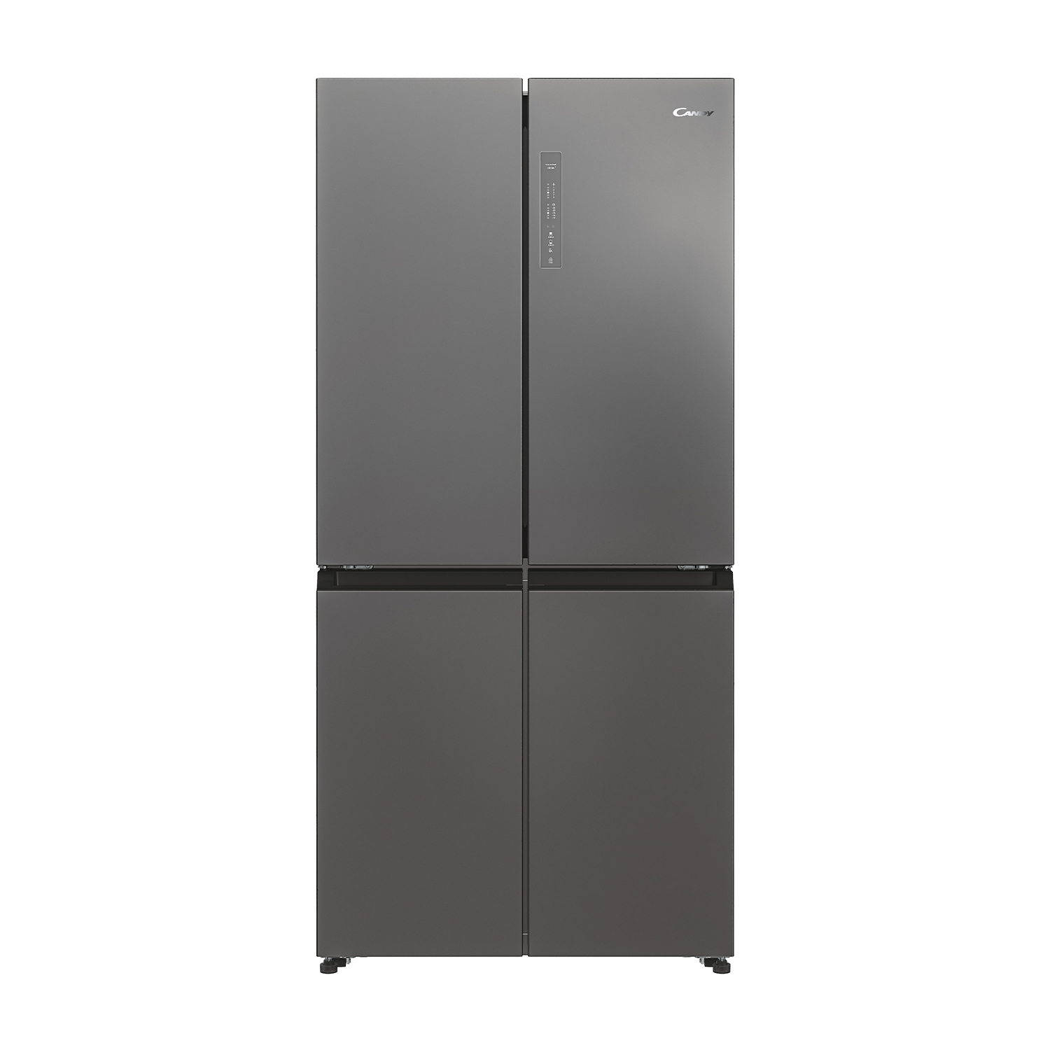 Un refrigerador moderno gris de cuatro puertas con panel de control táctil.