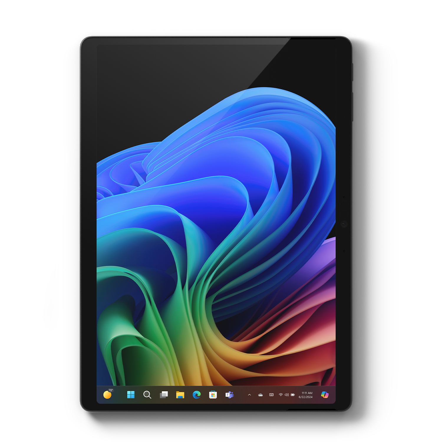 Ein schwarzes Tablet zeigt einen bunten abstrakten Hintergrund und eine Windows-Taskleiste.