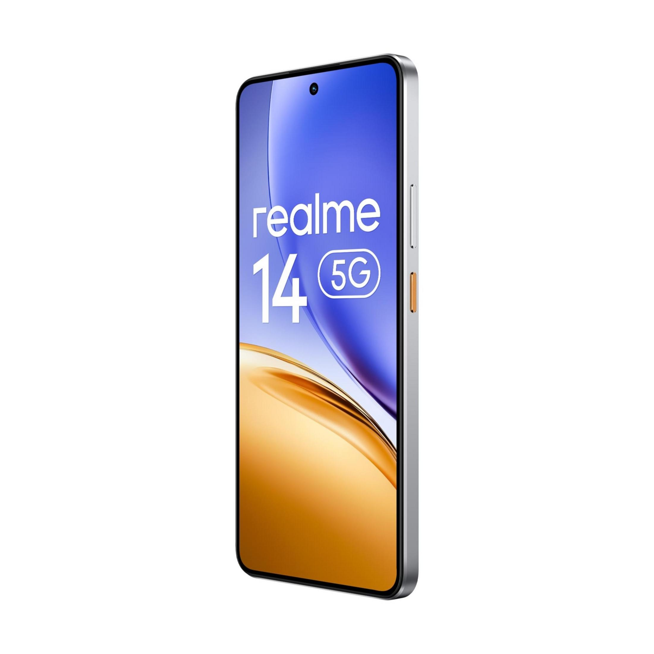 Szary smartfon Realme 14 5G z niebieskim tłem i pomarańczowym akcentem.