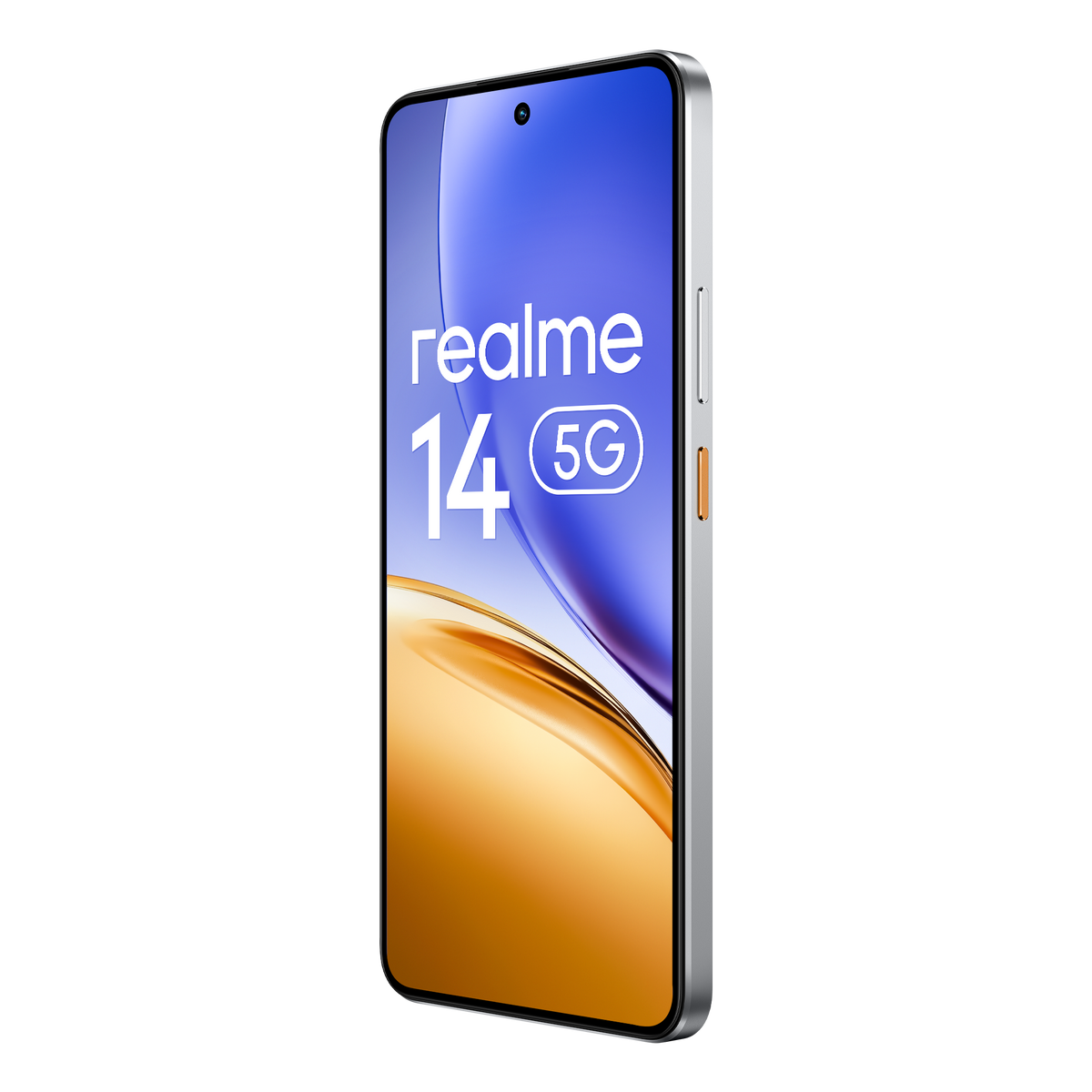 Srebrny smartfon Realme 14 5G z pomarańczowym przyciskiem.