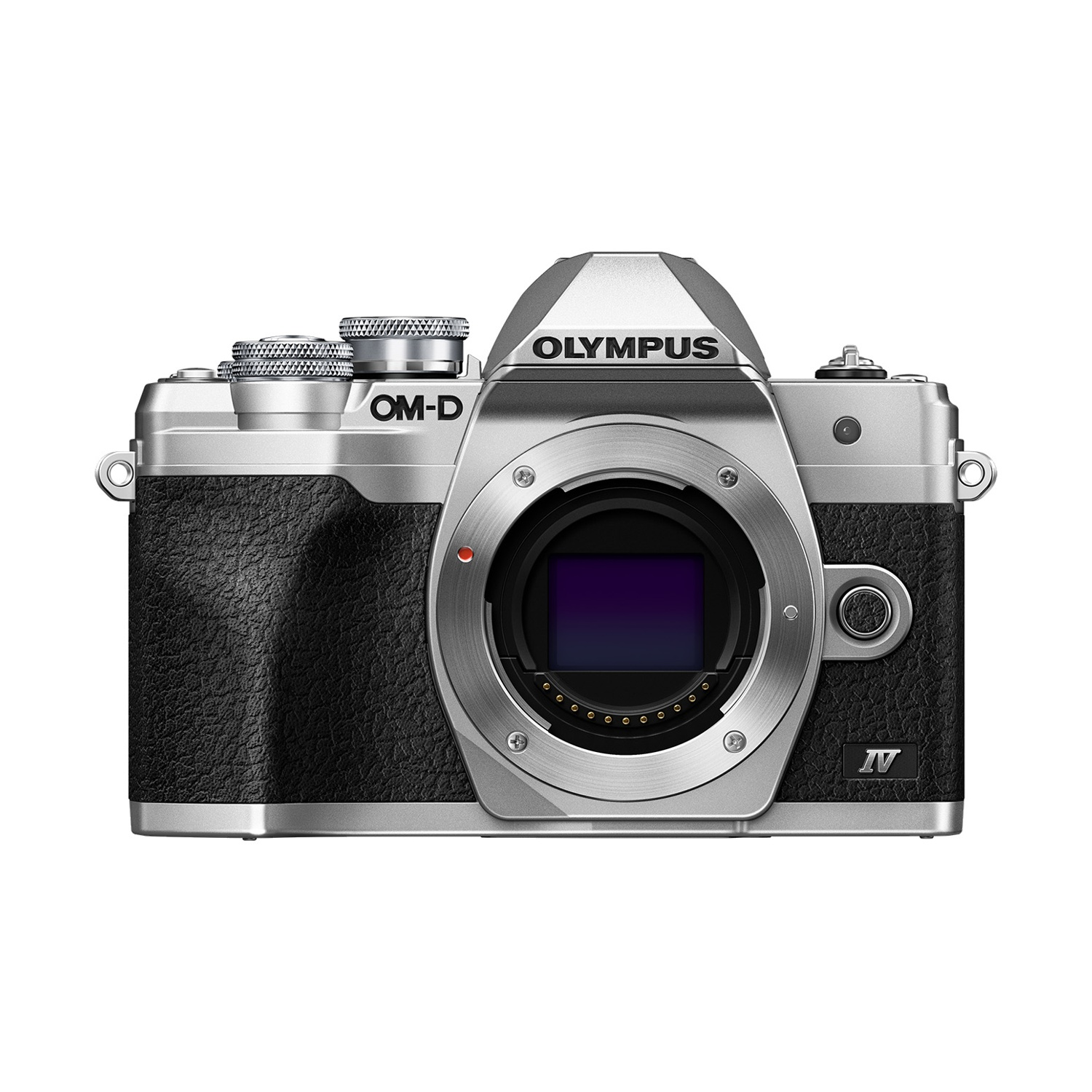 Srebrny aparat Olympus OM-D z czarnym skórzanym uchwytem i mocowaniem.