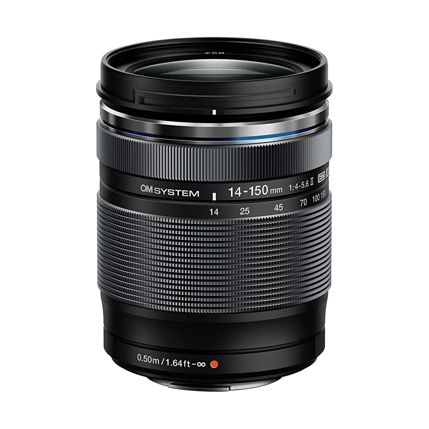 Czarny obiektyw OM SYSTEM 14-150mm f/4-5.6 z pierścieniem ostrości.