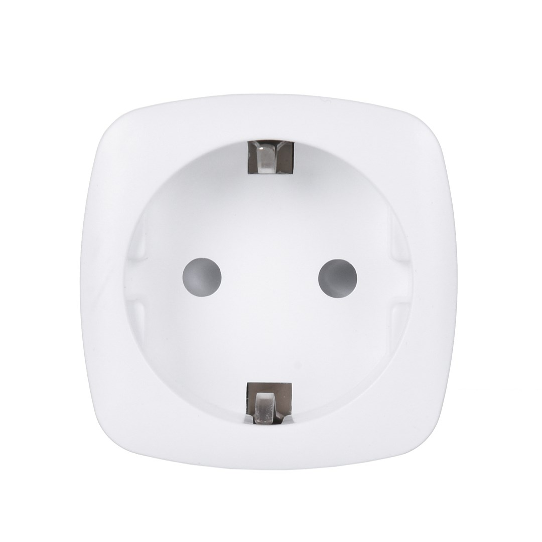White electrical socket with two round holes and metal contacts.
