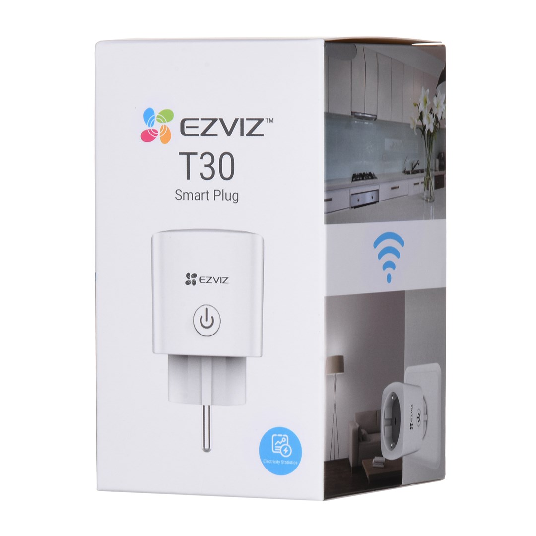 Packaging of a white EZVIZ T30 Smart Plug with kitchen image and plug illustration.