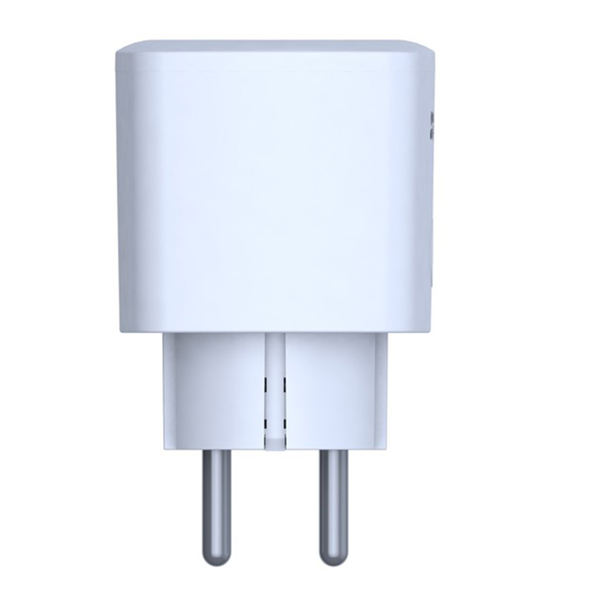 A white plug with two round metal prongs.