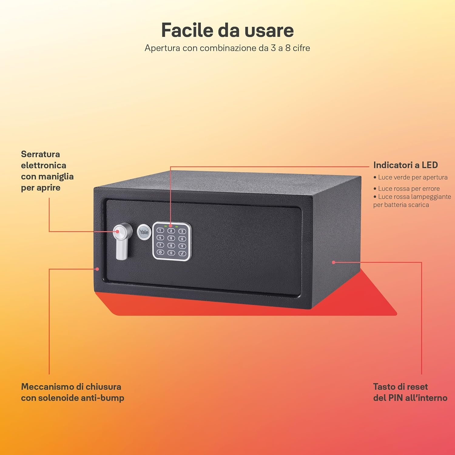 Una cassaforte nera con tastierino digitale, maniglia e indicatori LED.
