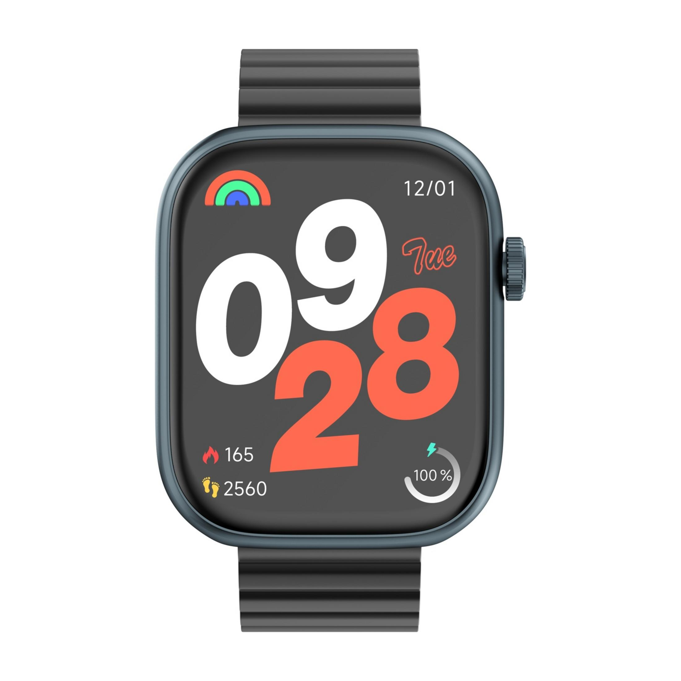 Zegarek inteligentny w kolorze niebiesko-szarym z czarnym paskiem. Wyświetla 09:28, datę 12/01, ikonę tęczy, 165 kcal.