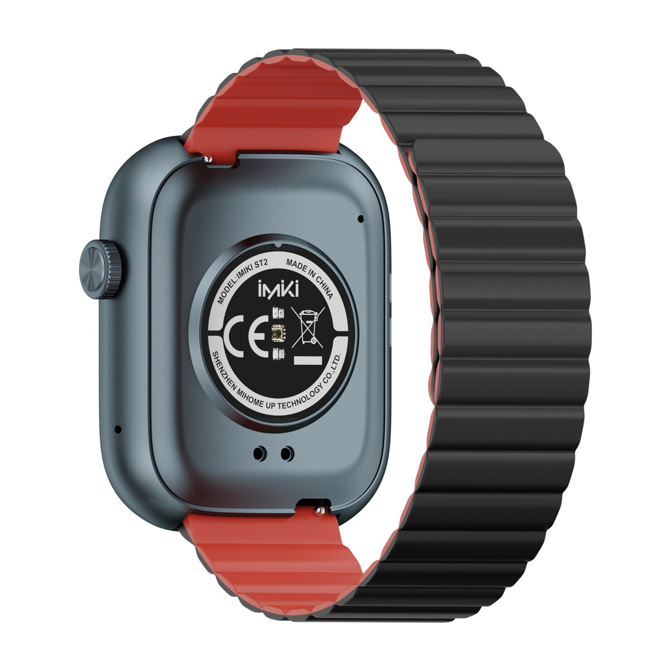 Tył niebiesko-szarego smartwatcha z czerwono-czarną bransoletą.