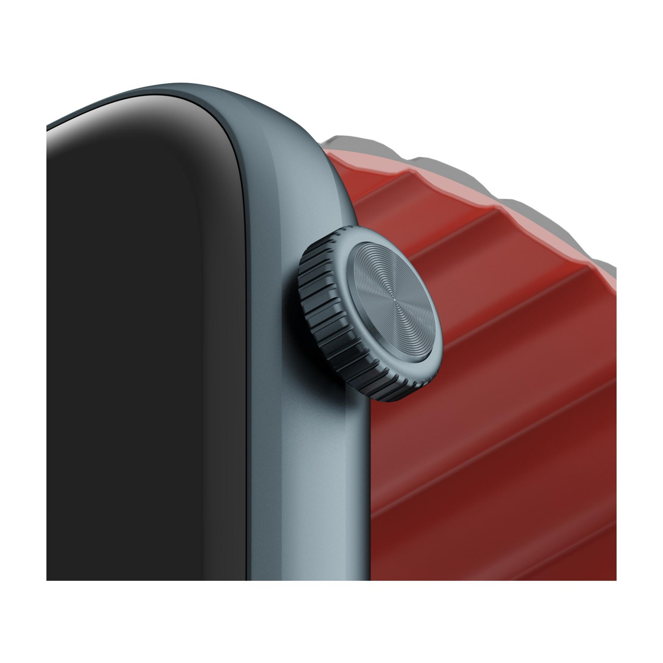 Zbliżenie szarego zegarka z czerwonym paskiem i teksturowaną koroną.