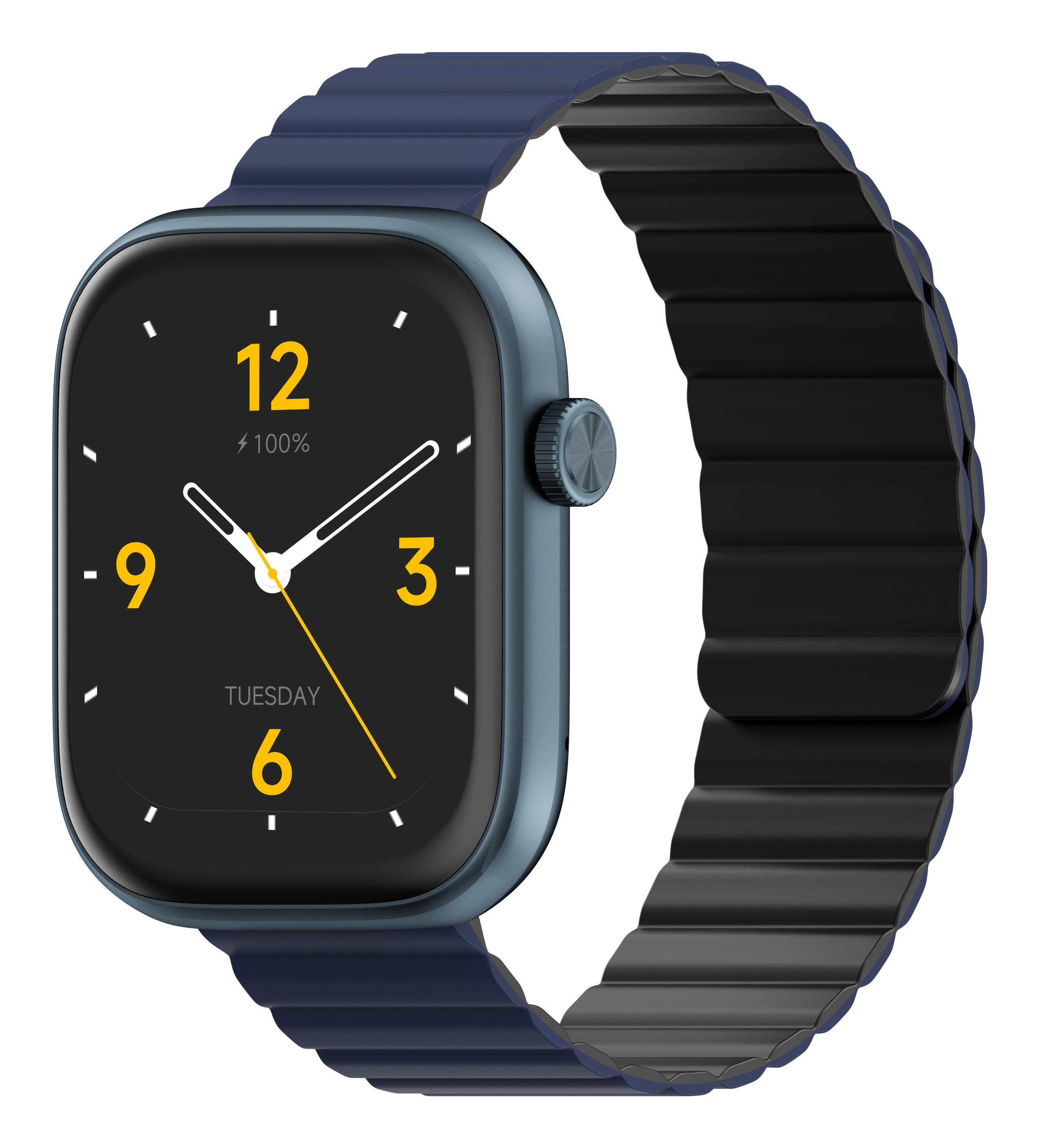 Niebieski smartwatch z czarną bransoletą pokazuje 12:08 i wtorek.