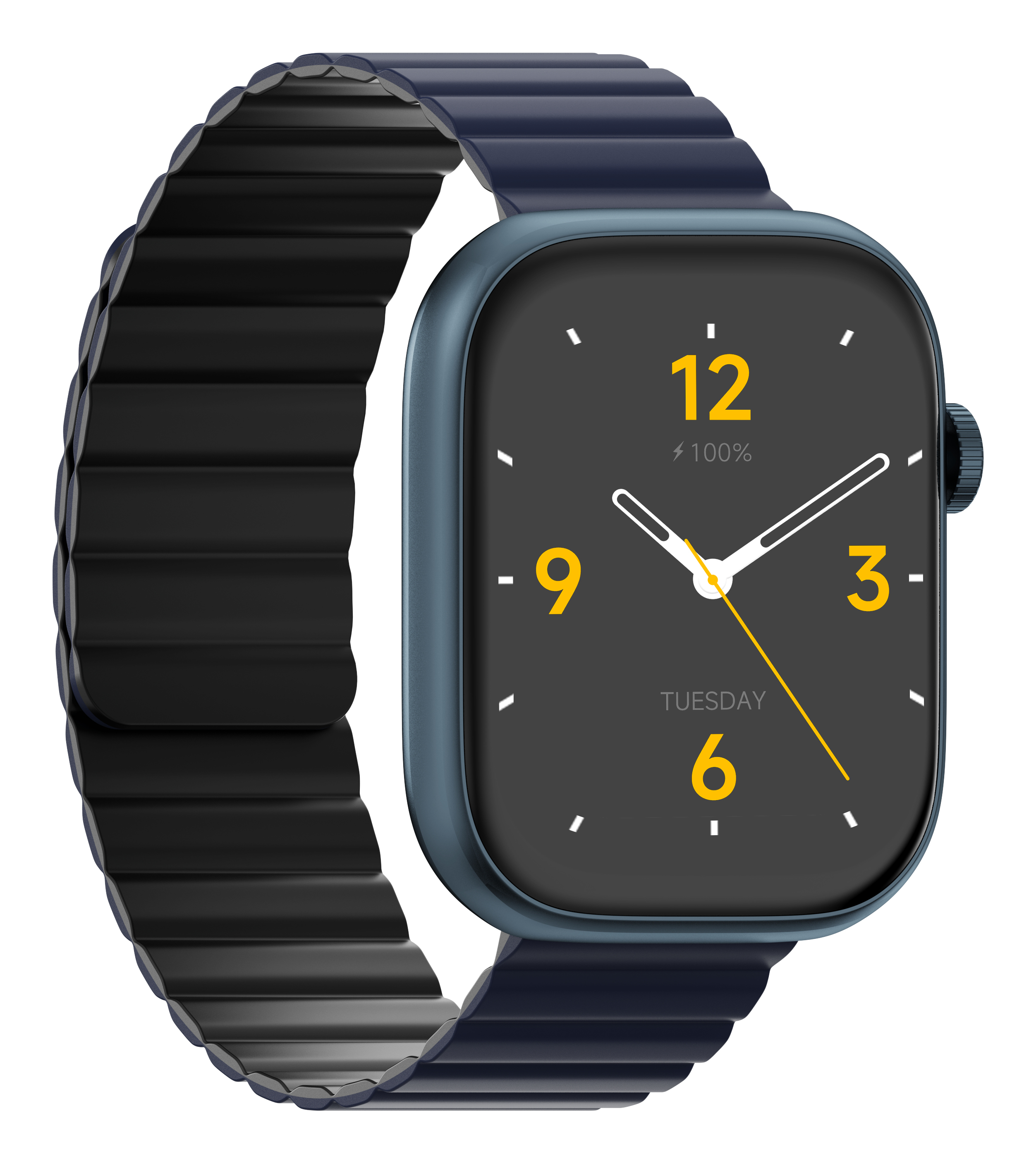 Niebieski smartwatch z metalową bransoletą i ciemną tarczą wyświetlającą czas.