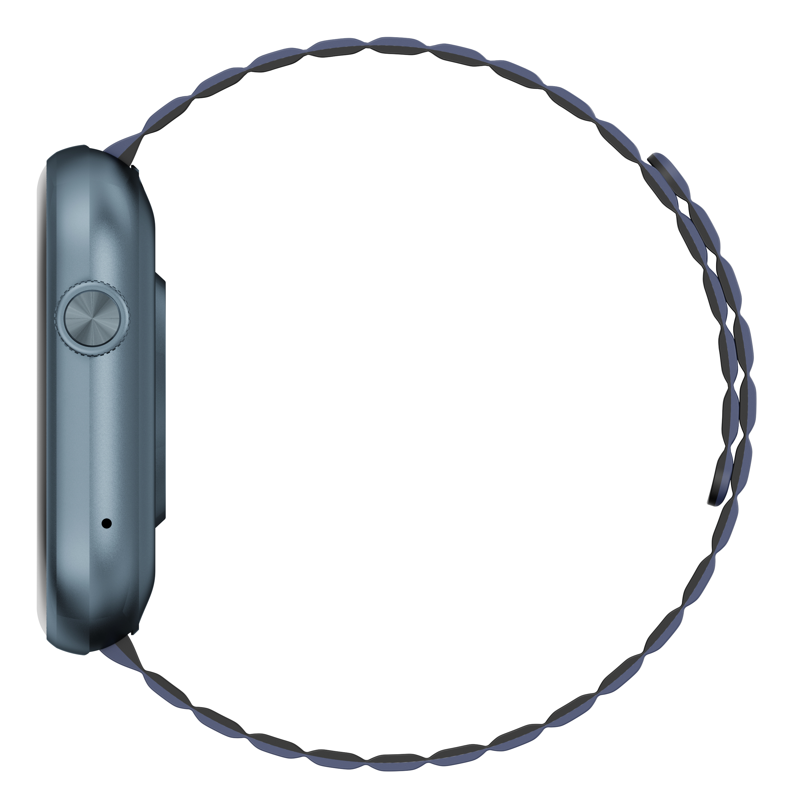 Szaro-niebieski smartwatch z obrotową tarczą i skręconą bransoletą.