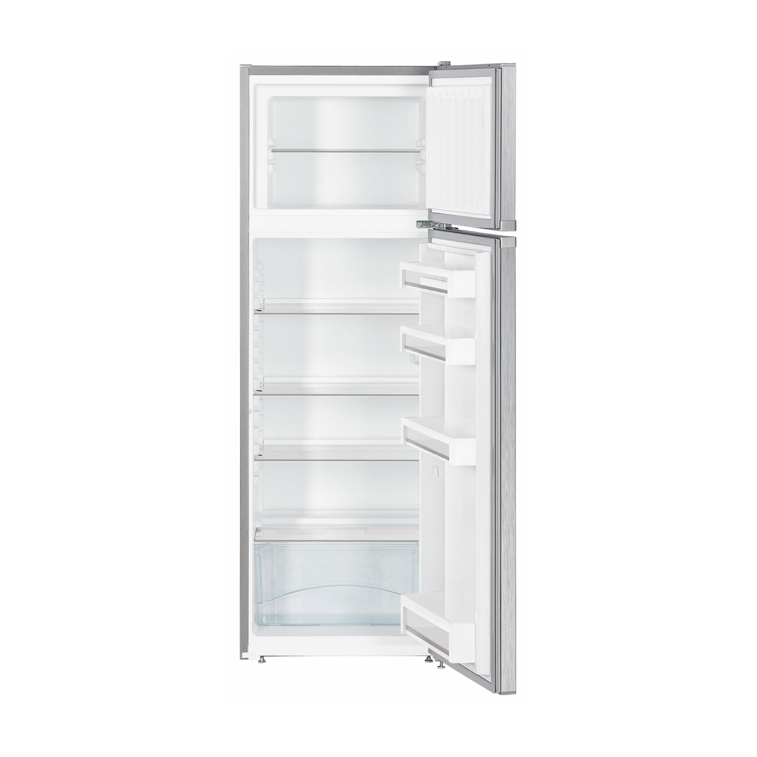 Un refrigerador plateado abierto con varios estantes y un cajón.