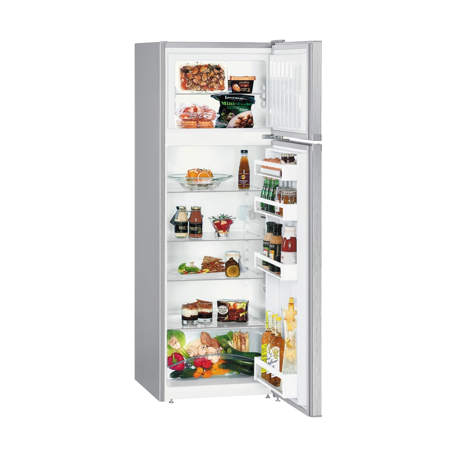 Un refrigerador abierto lleno de comida, incluyendo verduras, botellas y recipientes.