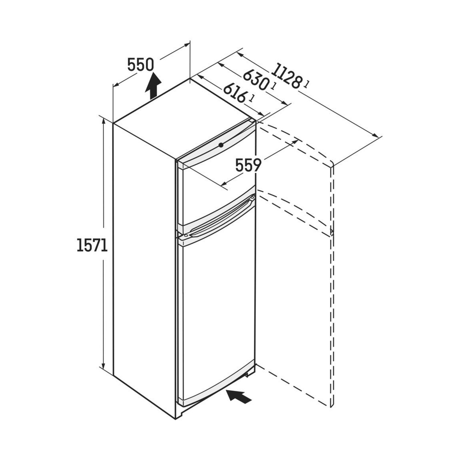 Dibujo técnico de un refrigerador con dimensiones.