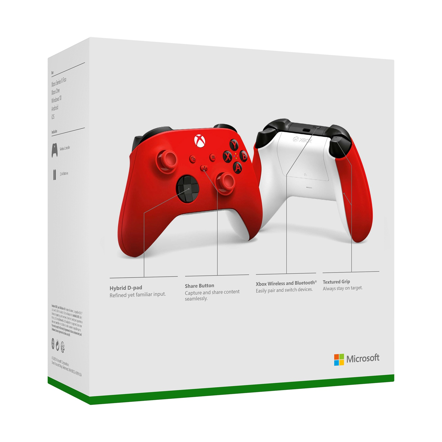 Rode en witte Xbox controllers op witte doos met productkenmerken.