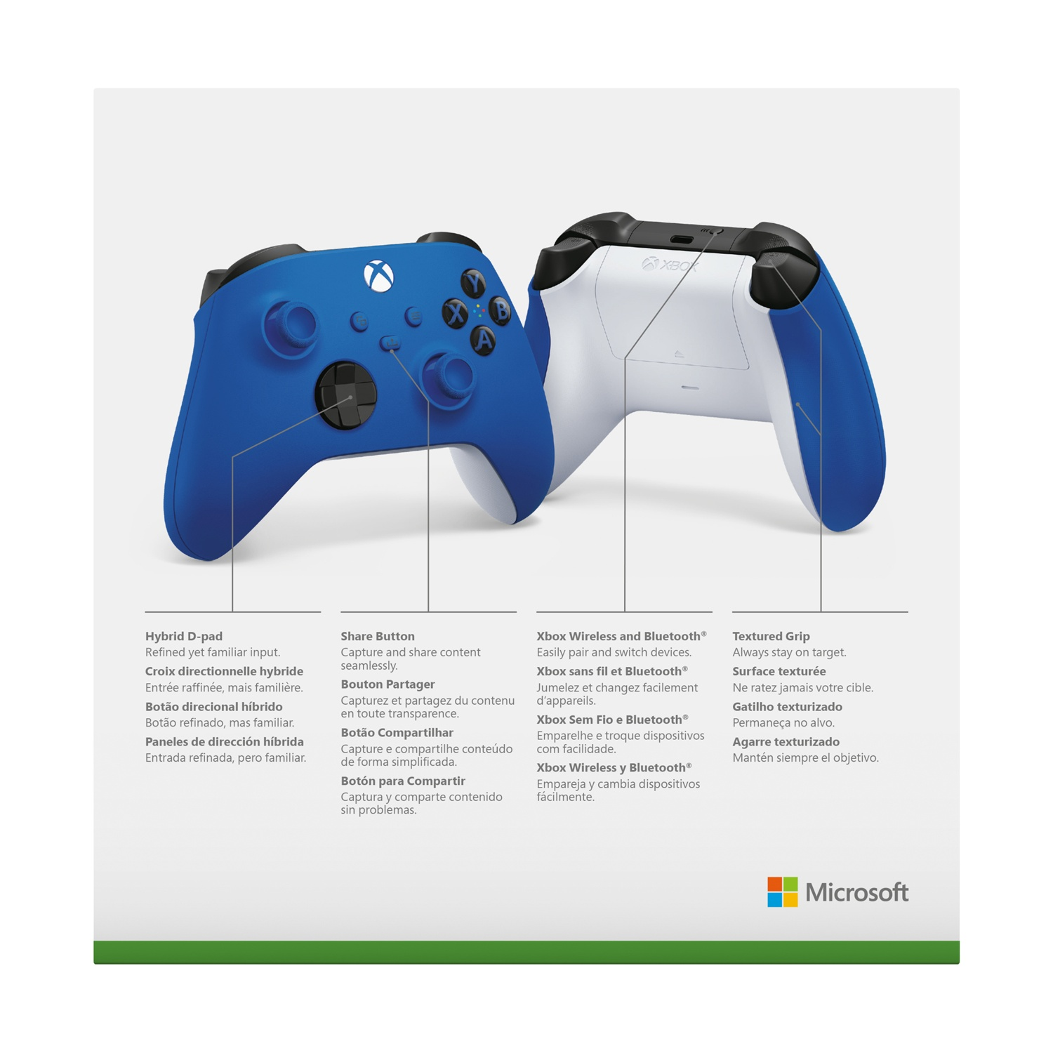 Twee Xbox controllers, blauw en wit, met labels.