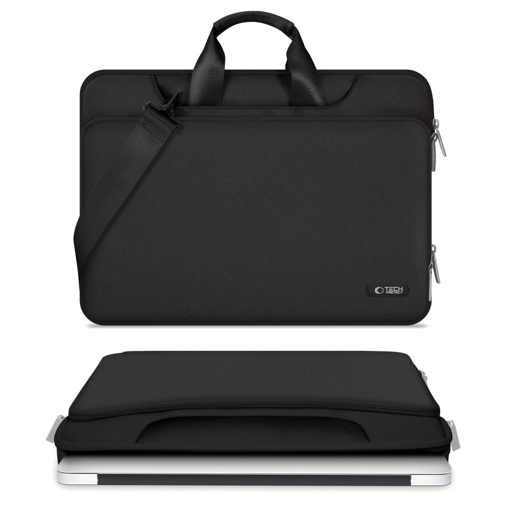 Schwarze Laptoptasche mit Henkeln und Riemen, mit Laptop darunter.