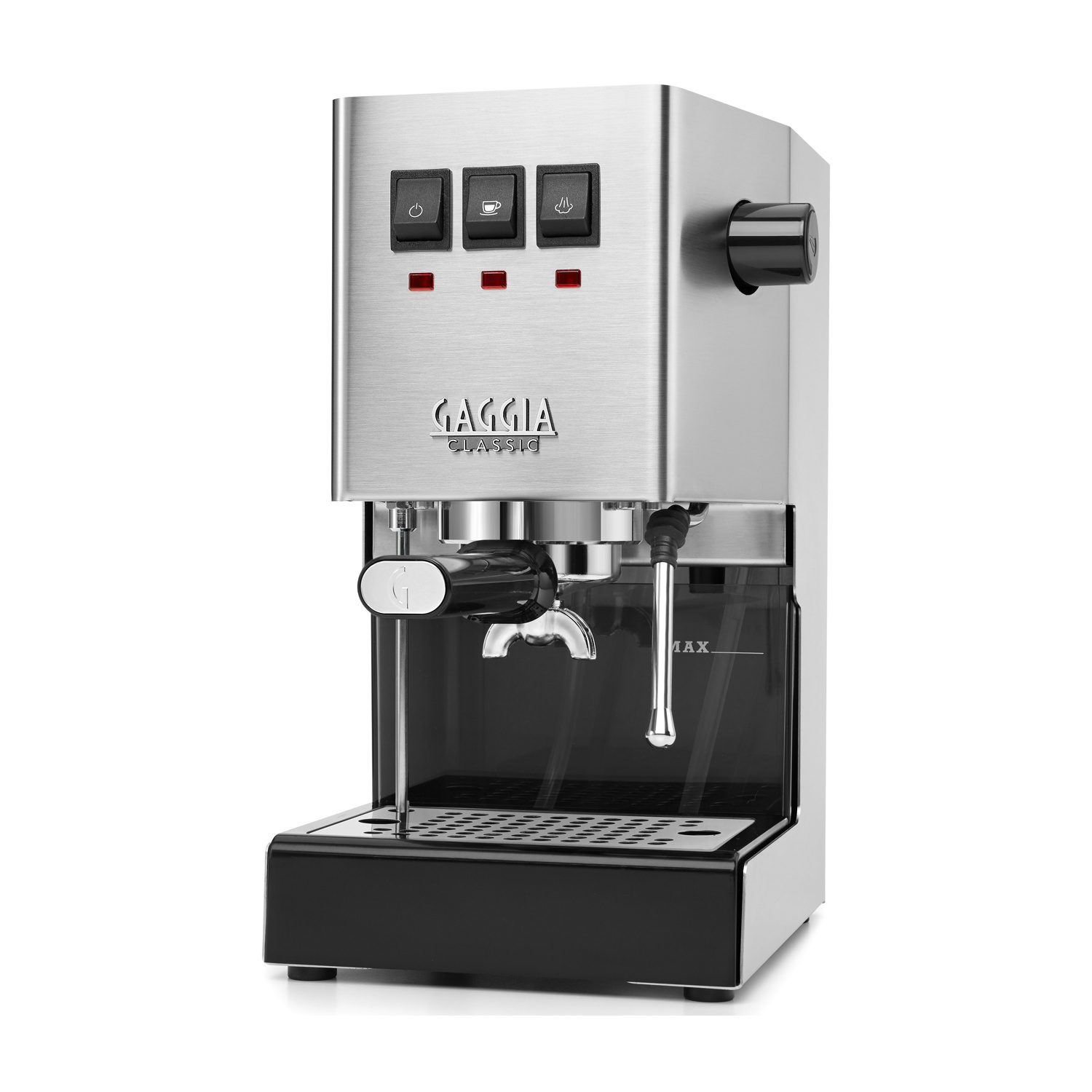 Eine silberne Gaggia Classic Espressomaschine mit schwarzen Akzenten und einem transparenten Wassertank.