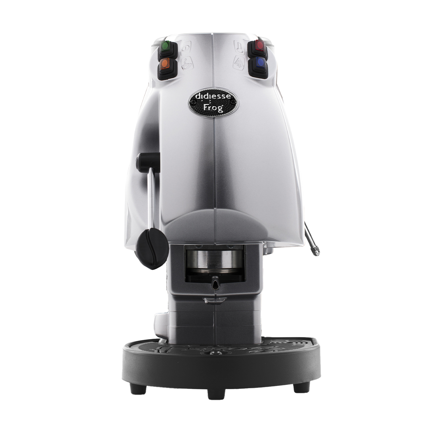 Macchina espresso argentata Didiesse Frog con base e leva nere.
