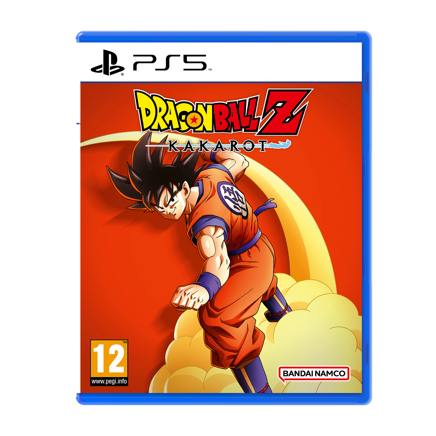 Okładka gry PS5 Dragon Ball Z Kakarot. Goku w pomarańczowym gi, z logo PS5 i PEGI 12.