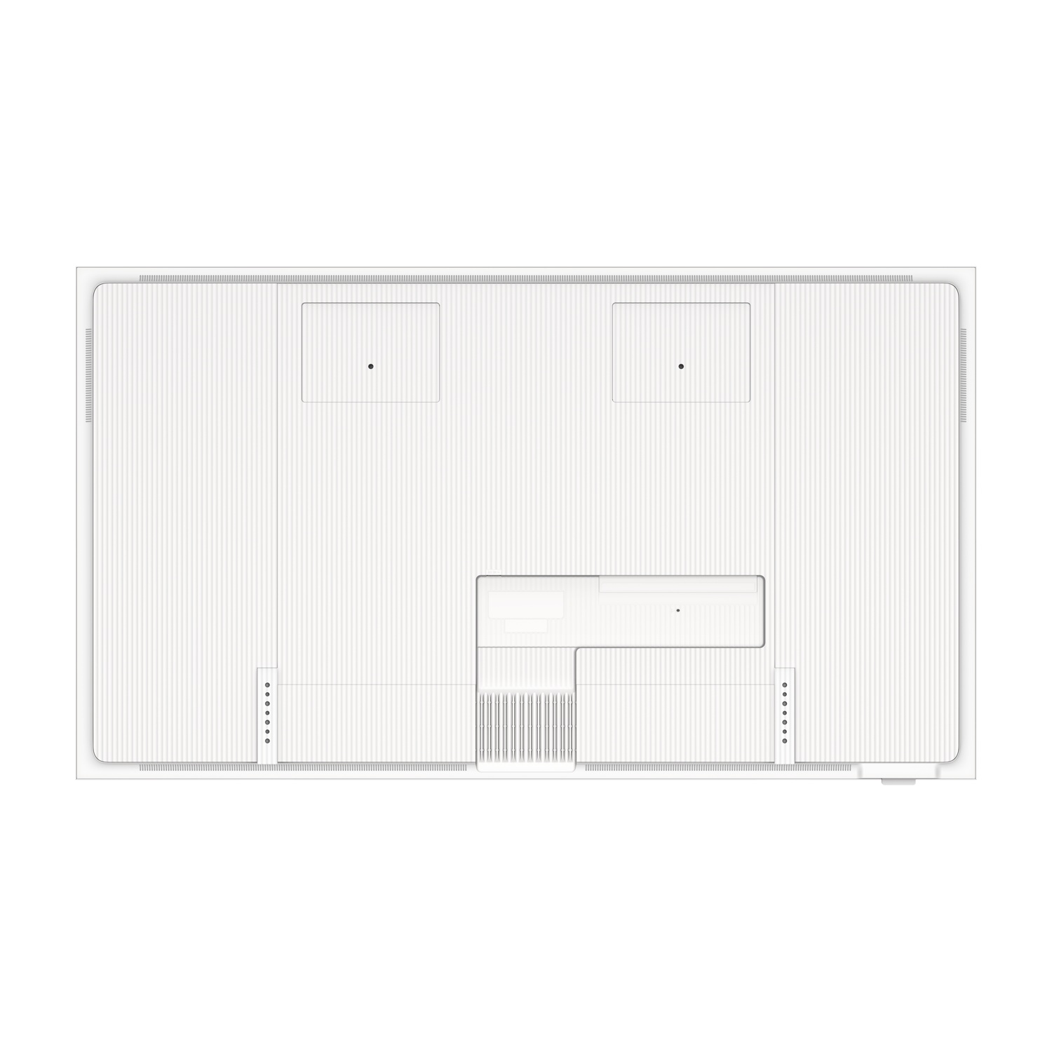 Vista trasera de un televisor blanco con rejillas de ventilación y puertos.