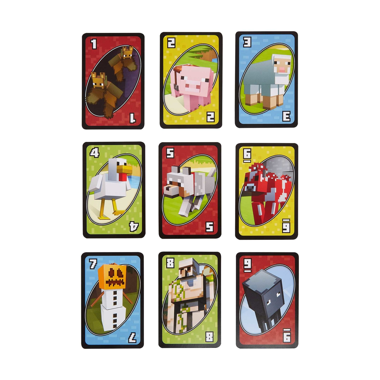 Dziewięć kart UNO z Minecraft przedstawiających zwierzęta i potwory.