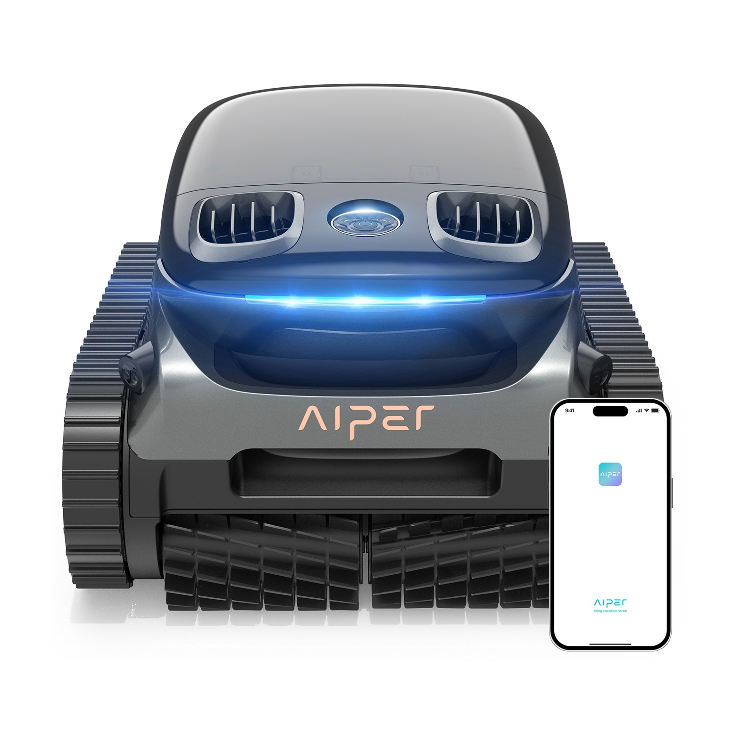 Grauer Poolroboter mit Raupenantrieb und leuchtenden blauen Lichtern neben einem Smartphone mit App.