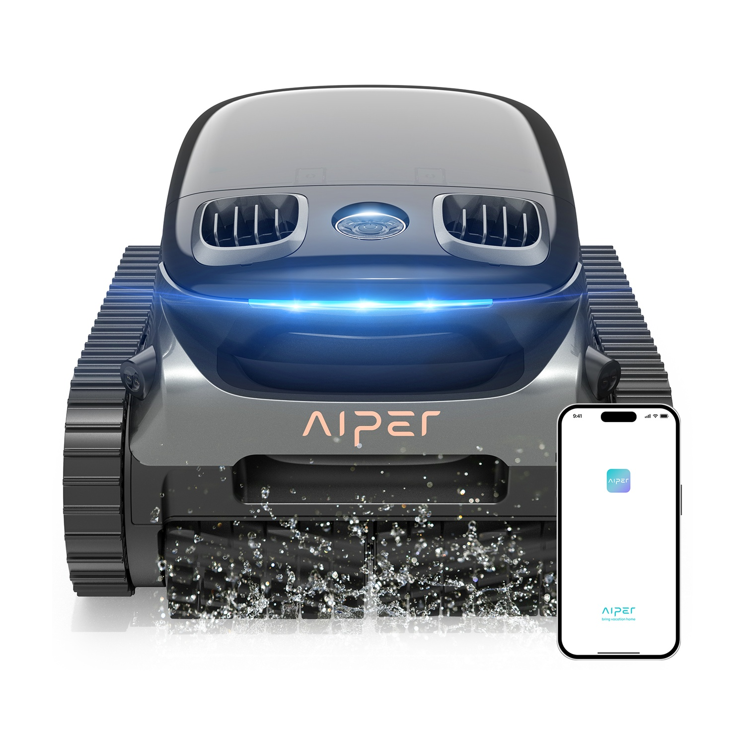 Ein grauer Poolroboter mit blauen Lichtern und Raupen, neben einem Smartphone mit App.