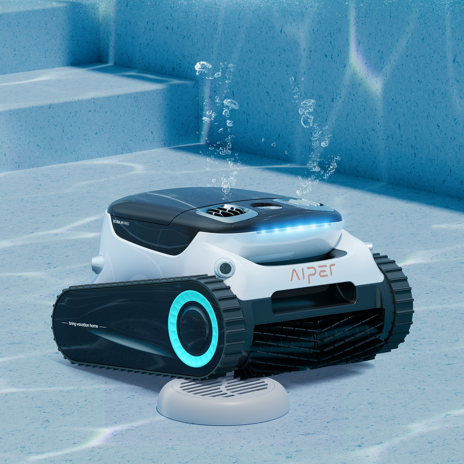 Ein Poolroboter mit blauen Lichtern und aufsteigenden Blasen in einem Pool.