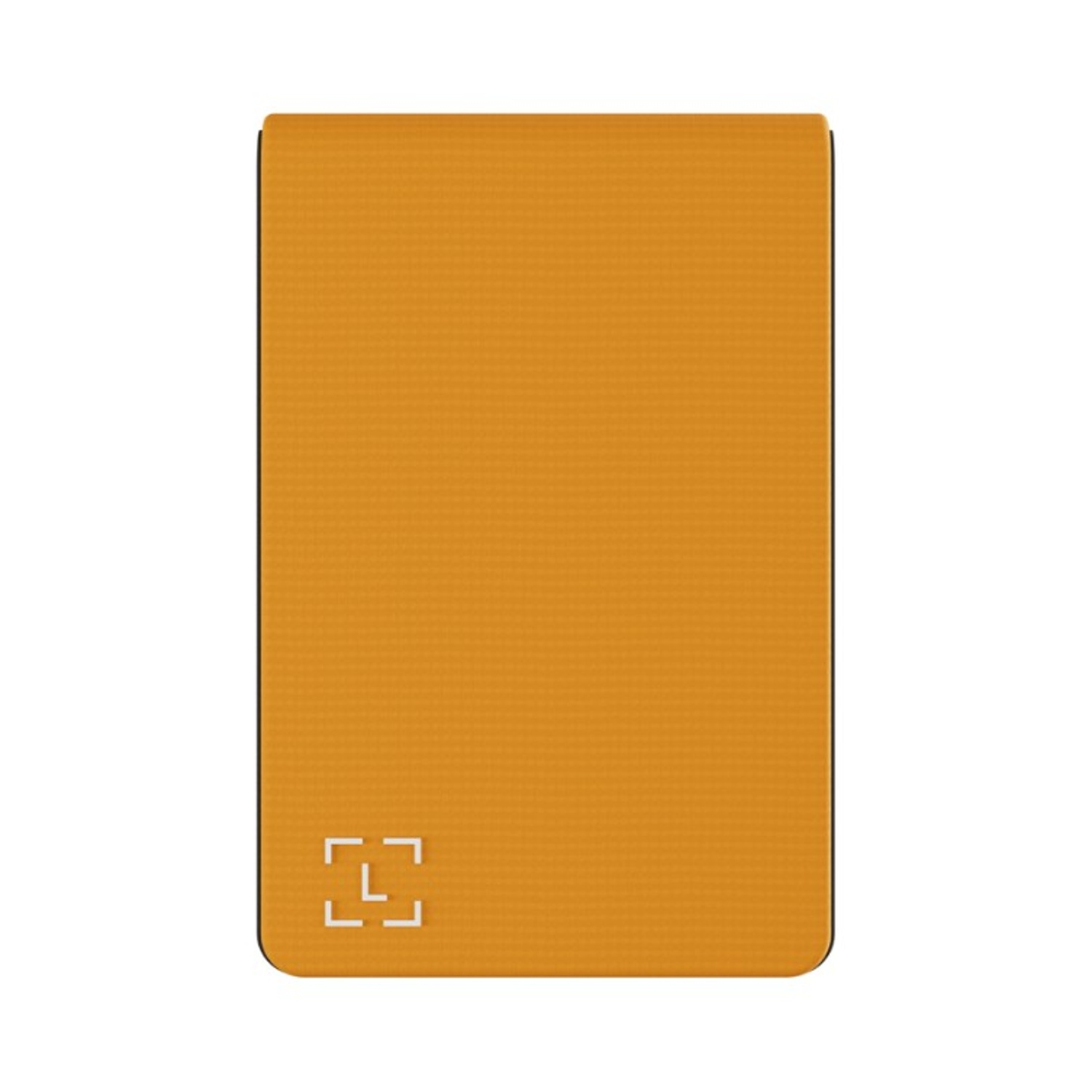 Ein orangefarbener Yogablock mit einem kleinen weißen Symbol unten links.