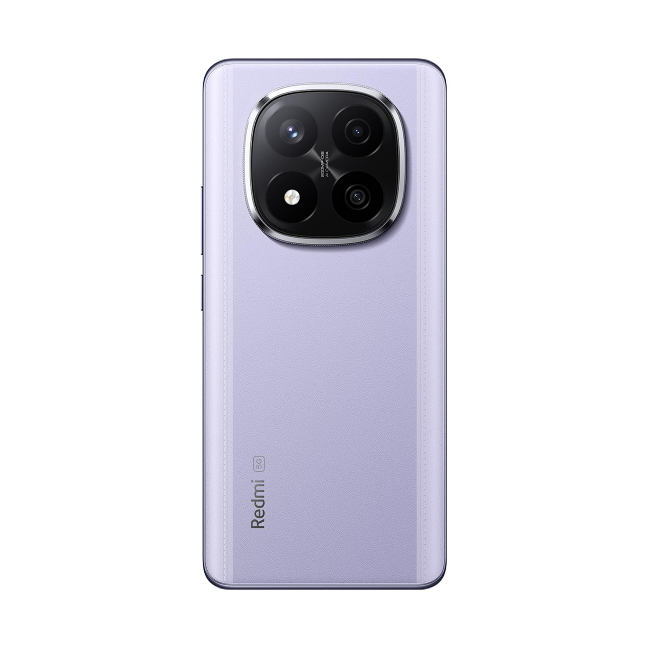 Un smartphone violet clair avec quadruple appareil photo arrière et logo Redmi 5G.