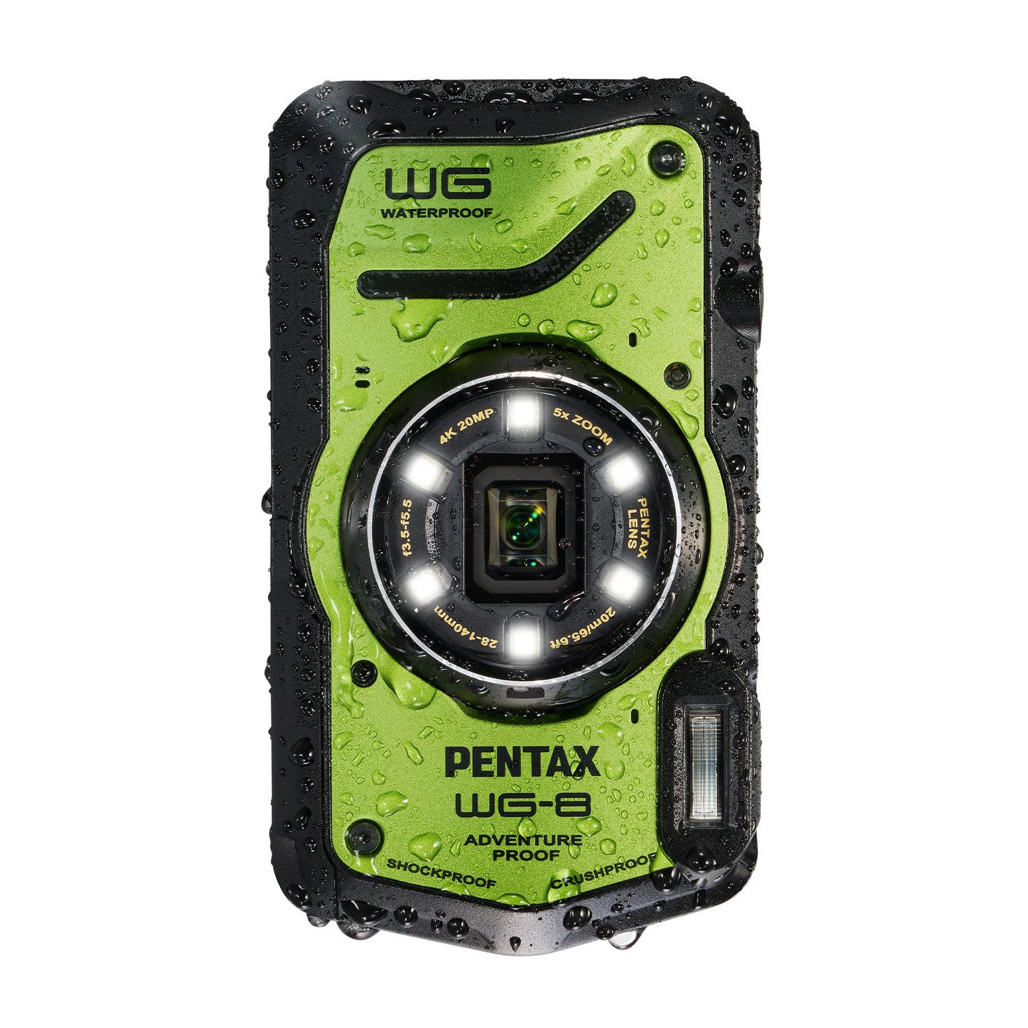 Grüne, wasserdichte Pentax WG-8 Kamera mit Objektiv, Blitz und Beschriftungen.