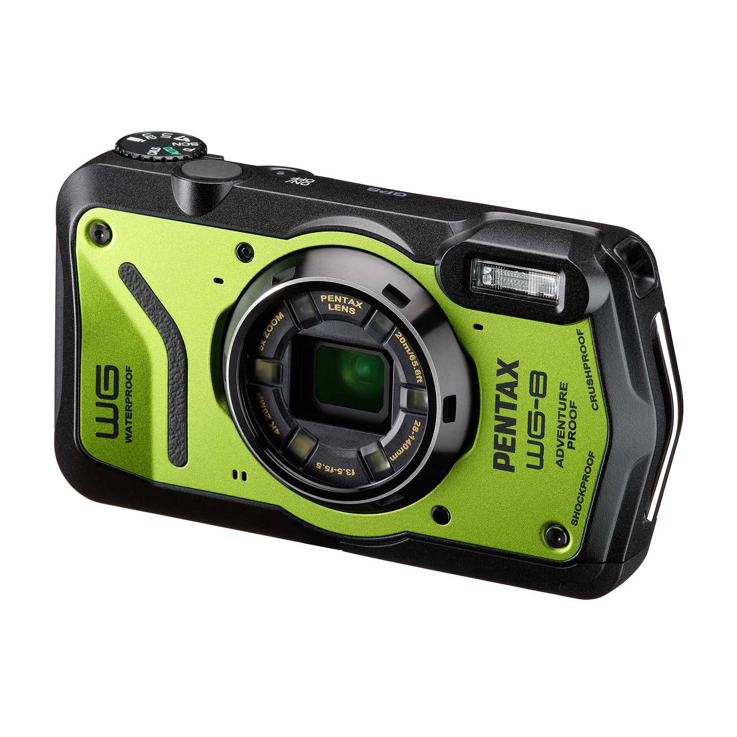 Grüne Pentax WG-8 Digitalkamera mit schwarzem Gehäuse und Objektiv.