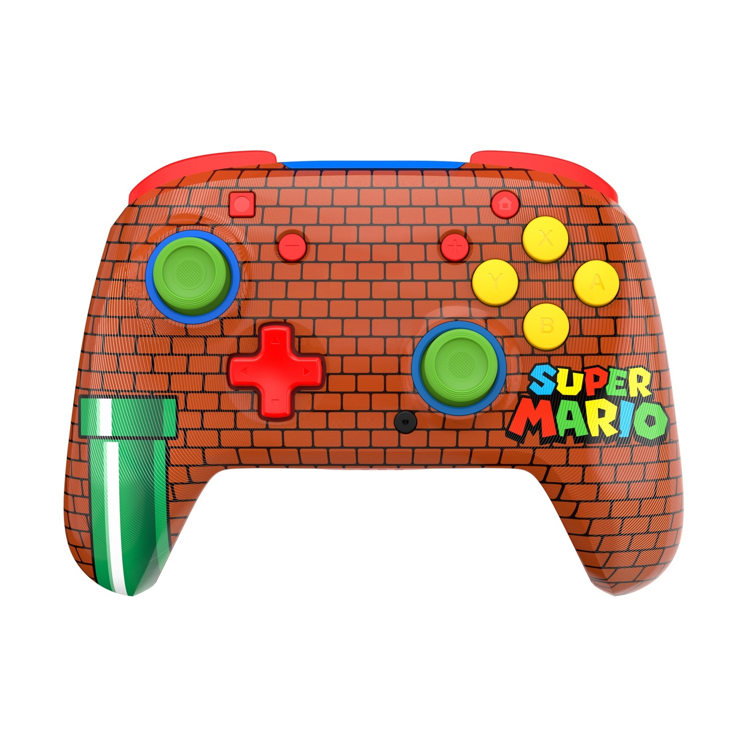 Un controller Super Mario con motivo a mattoni e tubi verdi.