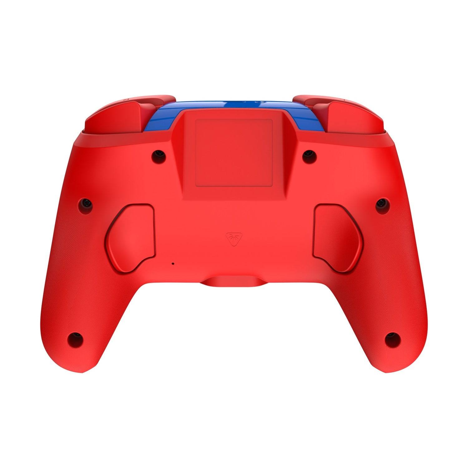 Controller per videogiochi rosso e blu visto da dietro su sfondo bianco.