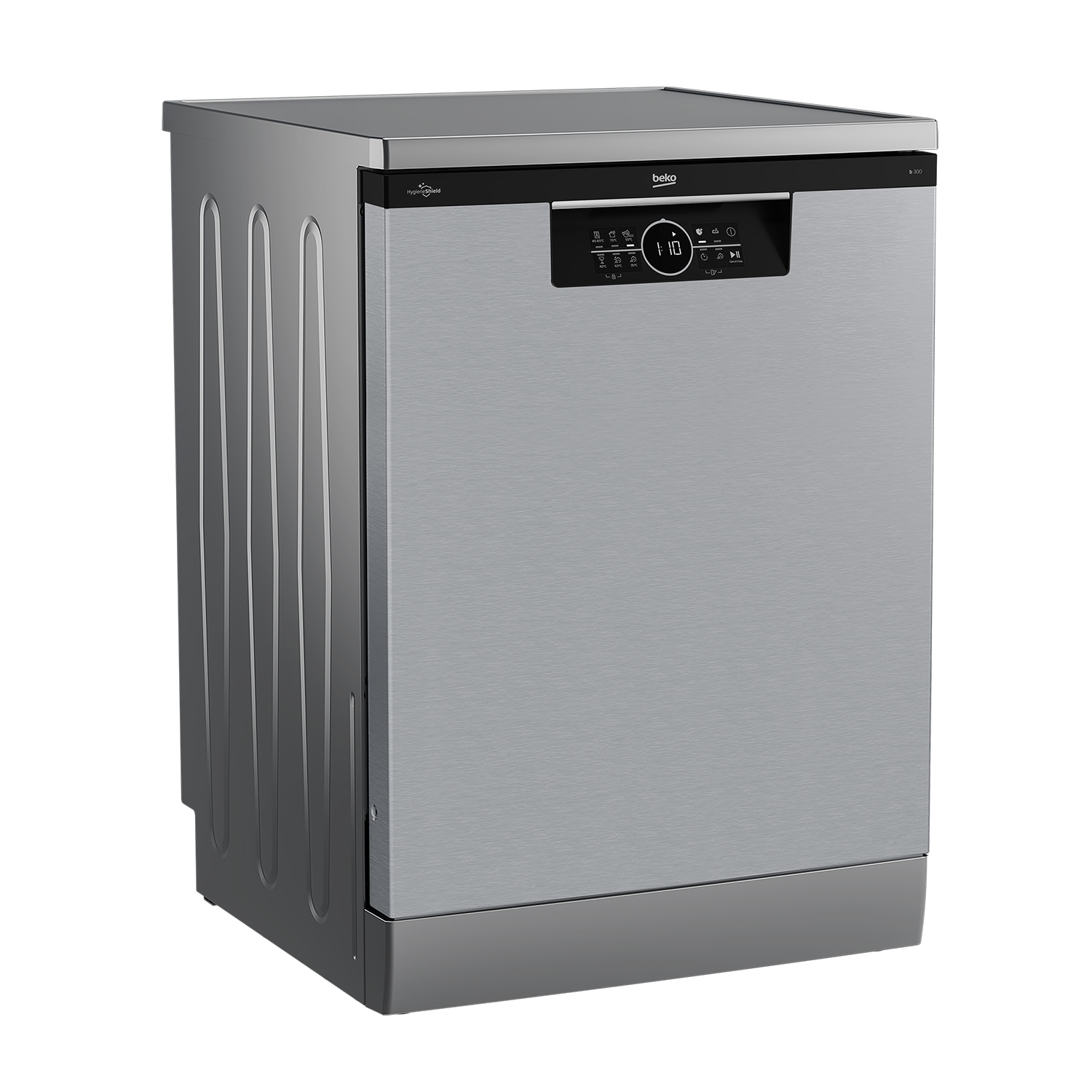 Una lavastoviglie Beko argentata su sfondo bianco.