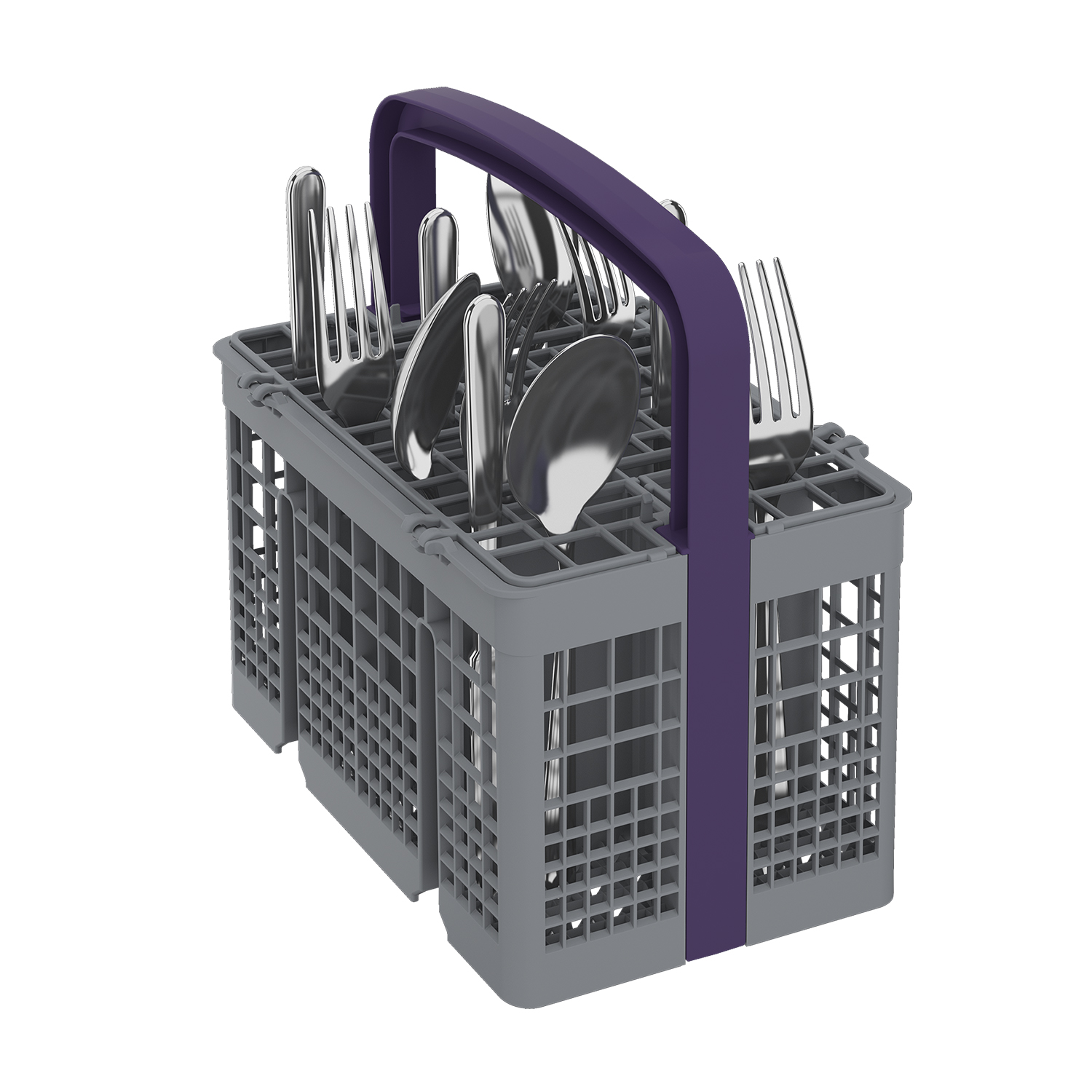 Cestello grigio per posate da lavastoviglie con manico viola, riempito di utensili.