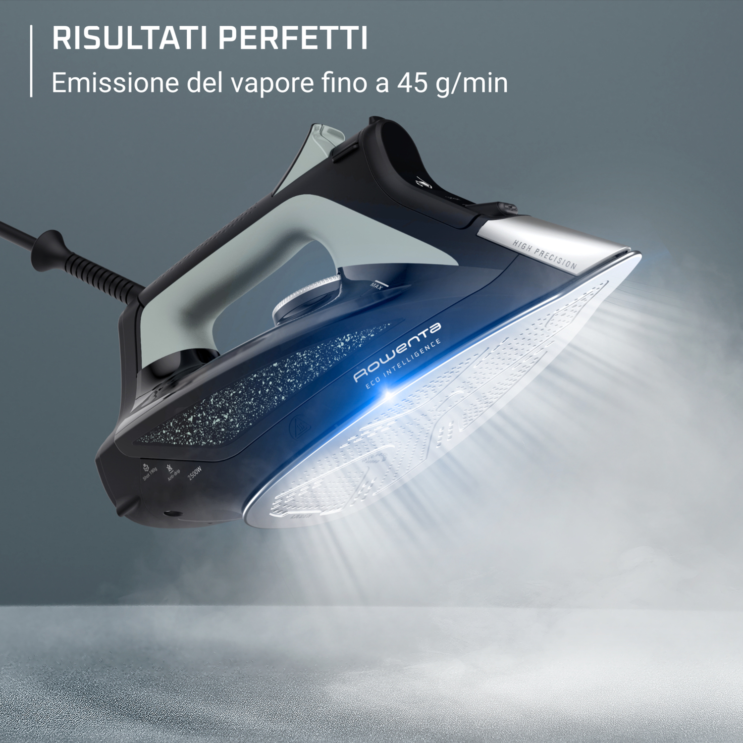 Czarne żelazko emitujące parę, z napisem "HIGH PRECISION" i "Rowenta".