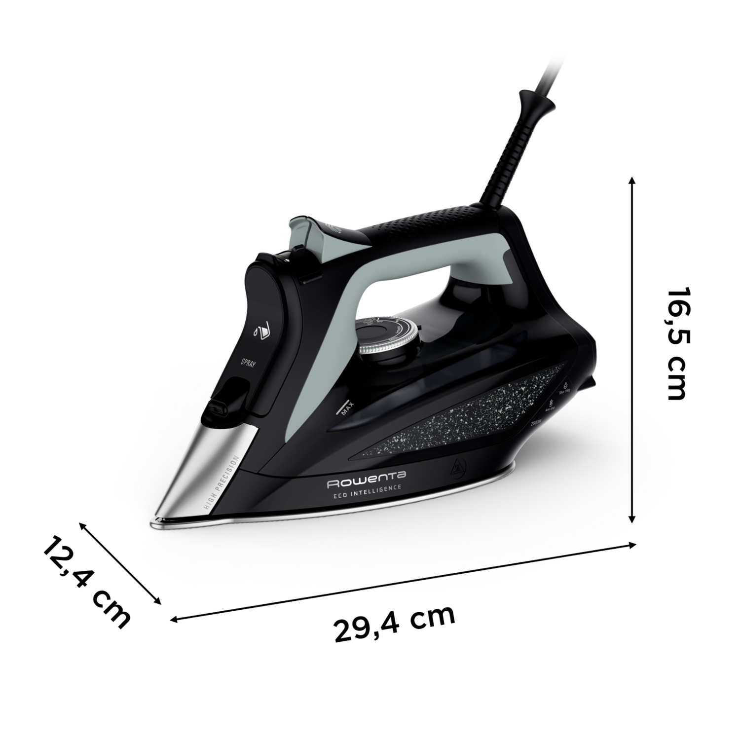 Czarnym żelazko z srebrną końcówką i szarymi akcentami. Wymiary: 29,4 x 12,4 x 16,5 cm.