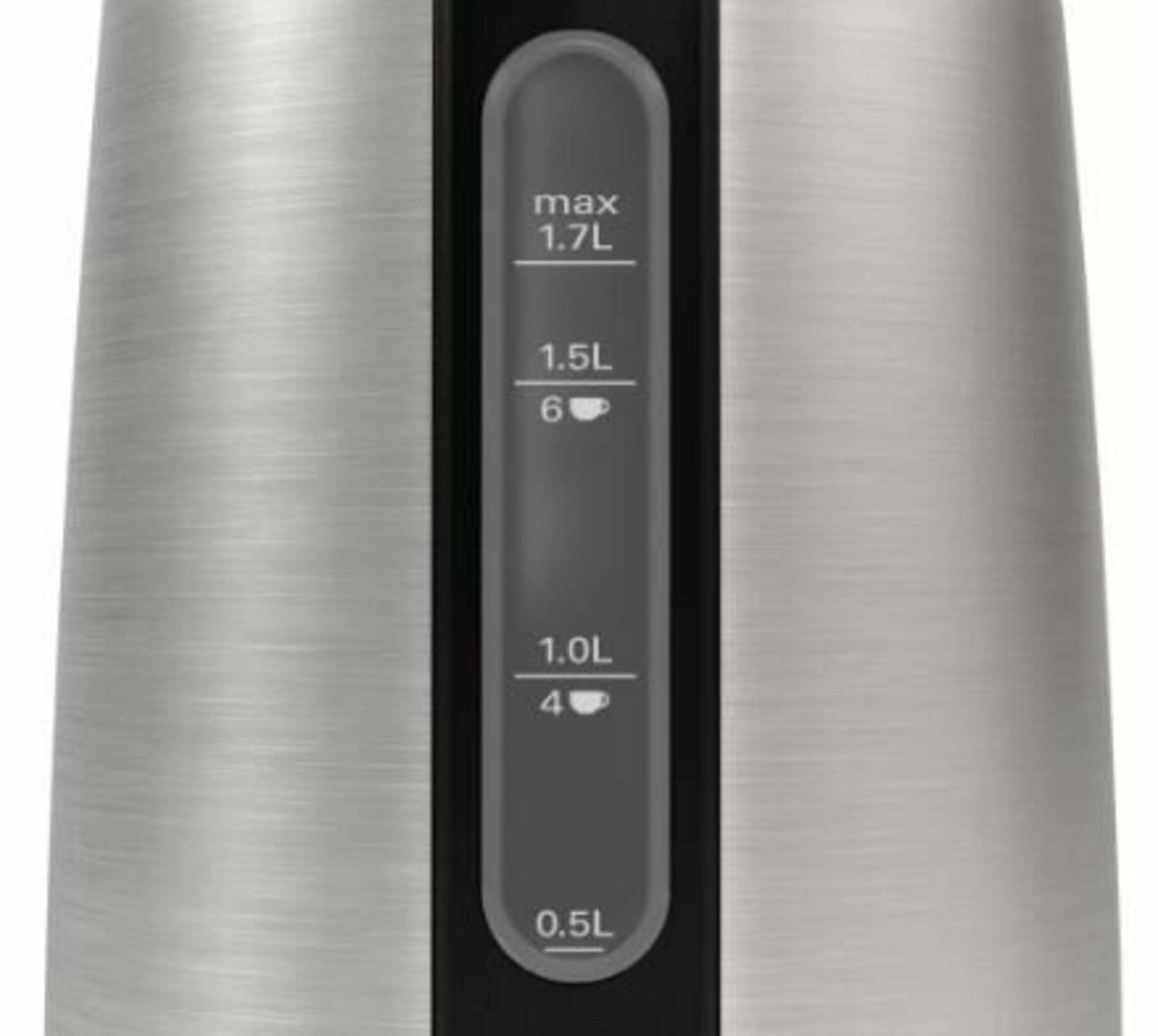 Srebrny czajnik ze wskaźnikiem poziomu wody od 0,5L do 1,7L.