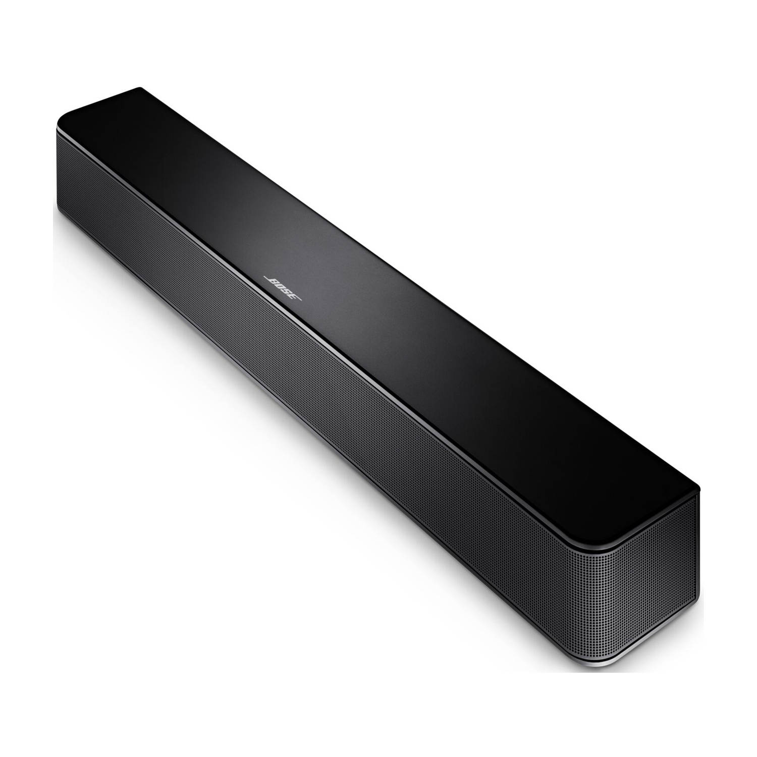 Czarny soundbar Bose z maskownicą głośnika po bokach i błyszczącą powierzchnią górną.