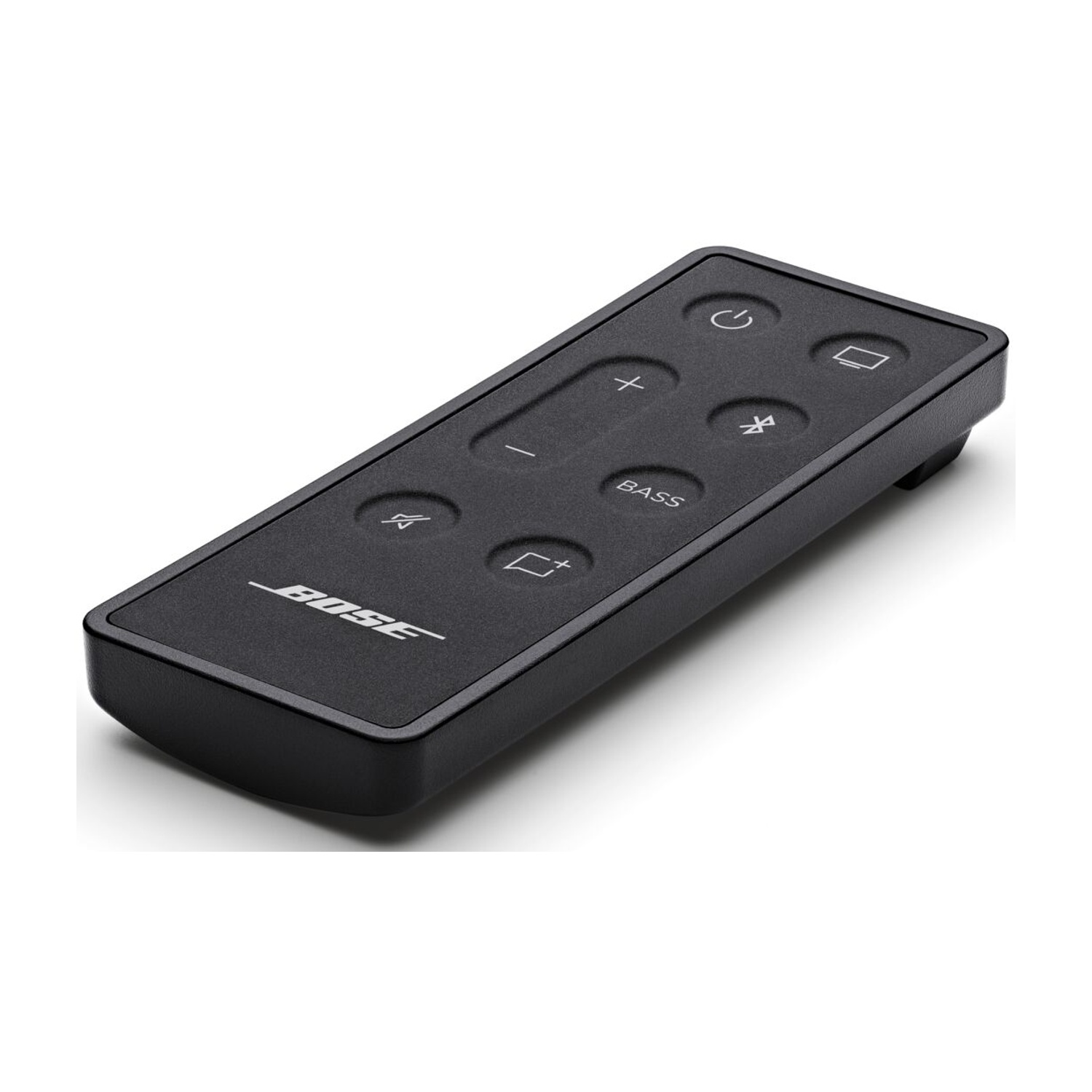 Czarny pilot Bose z przyciskami zasilania, głośności i basu.