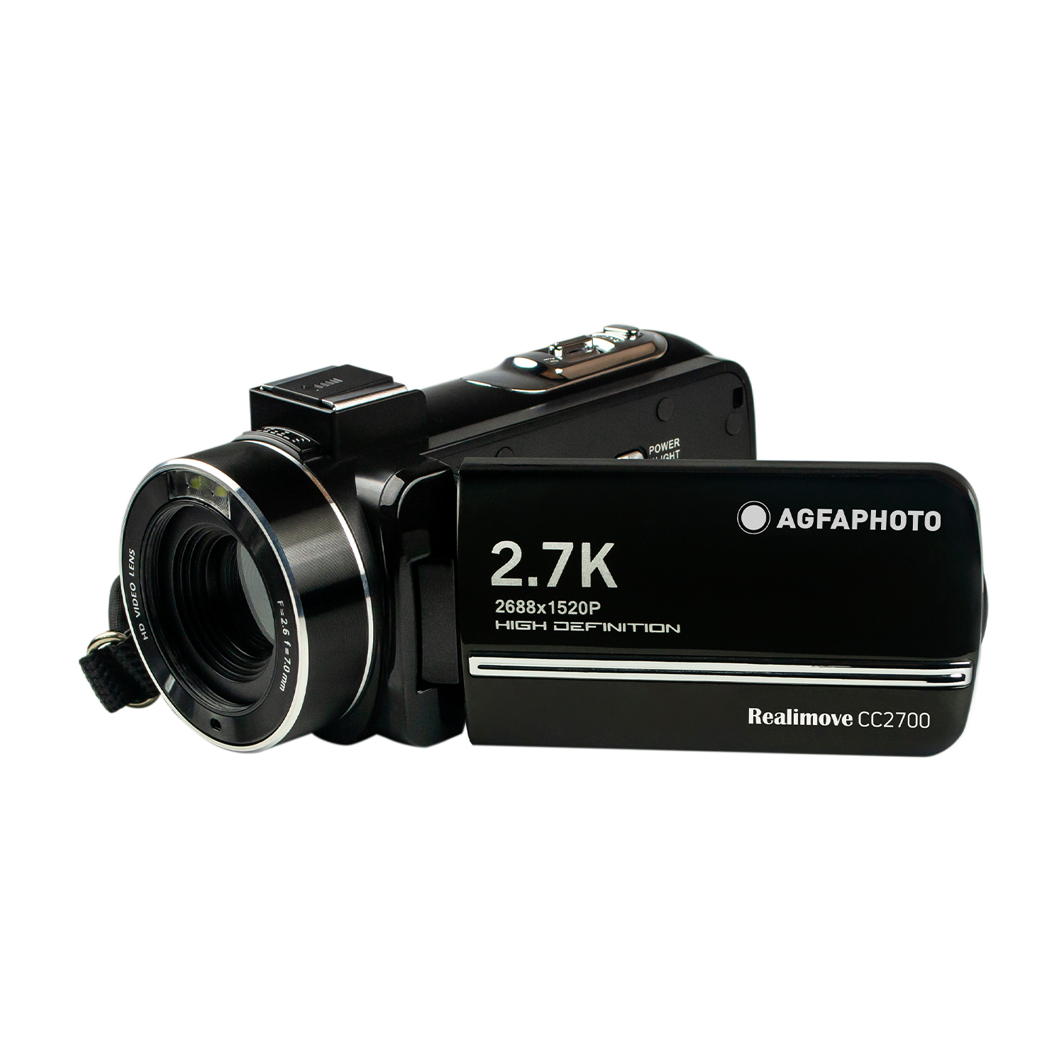 Schwarze Digitalkamera mit schwenkbarem Bildschirm, 2,7K HD.