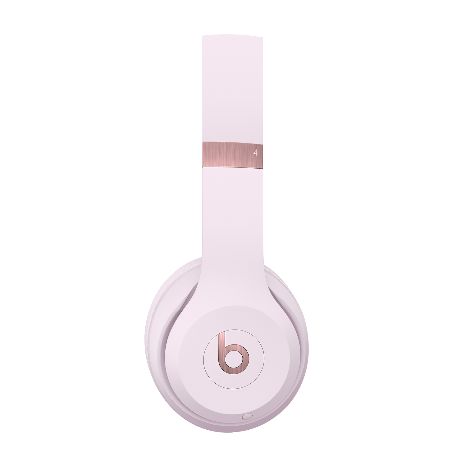 Różowe słuchawki ze złotym logo „b” i złotym paskiem.