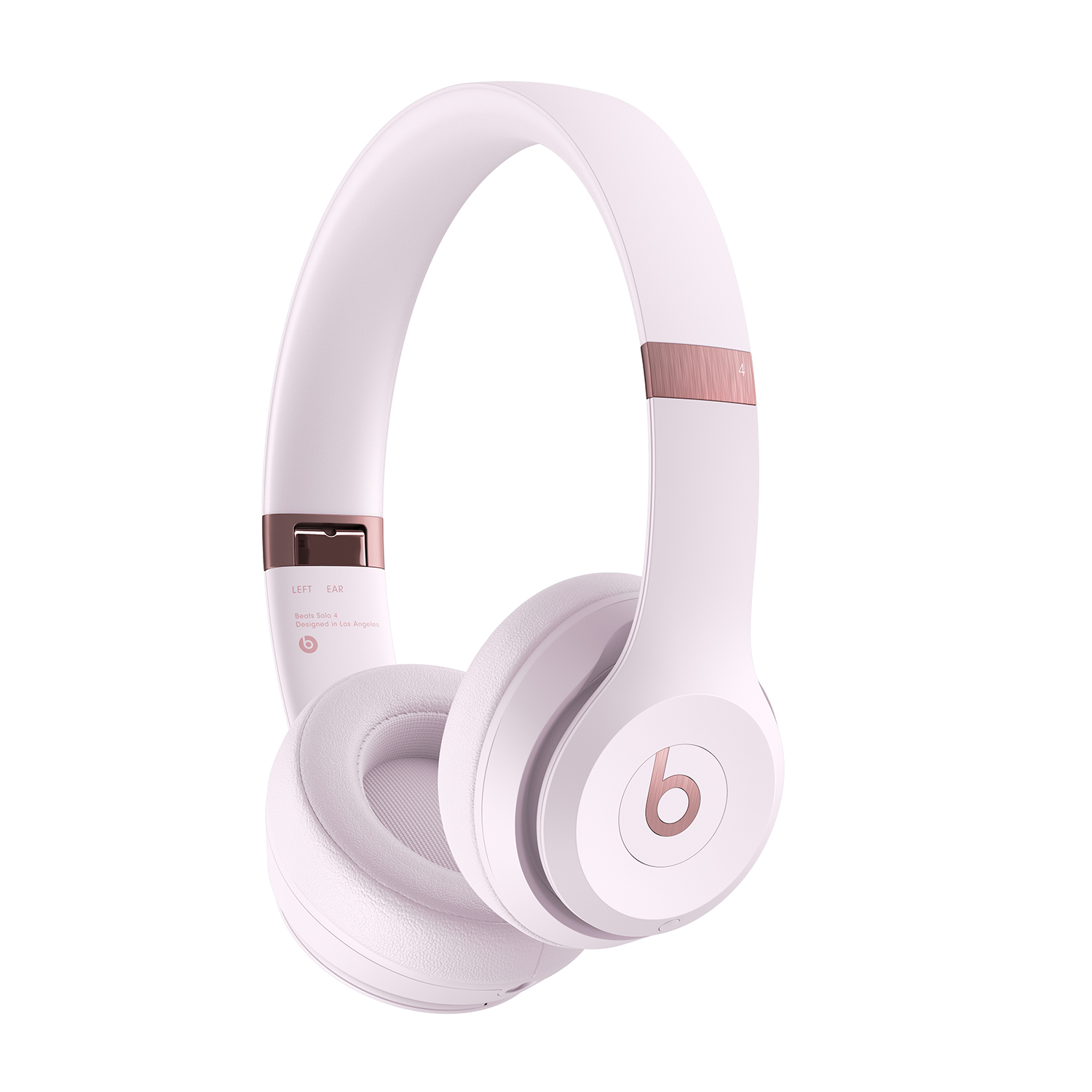 Białe słuchawki z różowo-złotymi detalami, na białym tle.