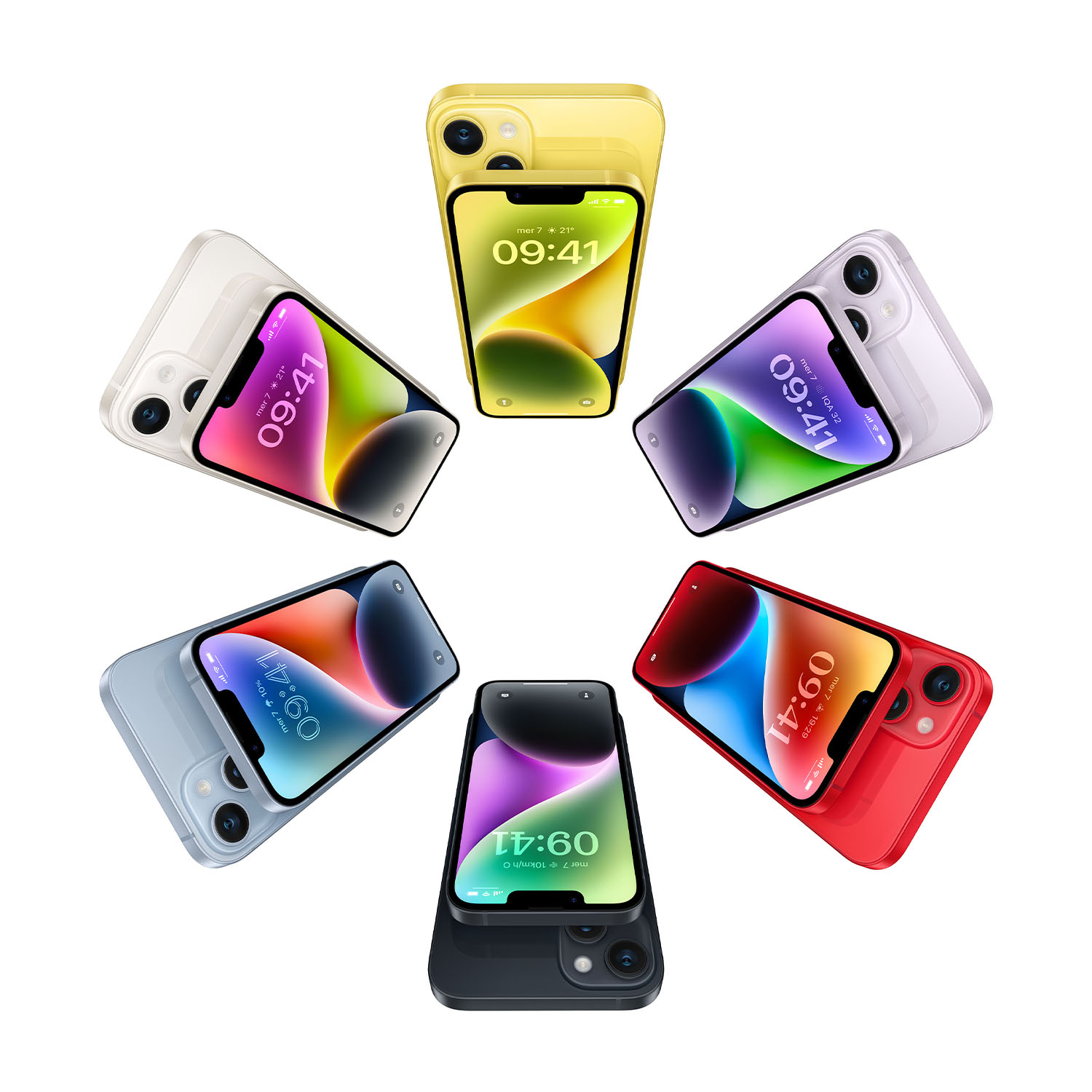 Seis iPhones en varios colores dispuestos en círculo.