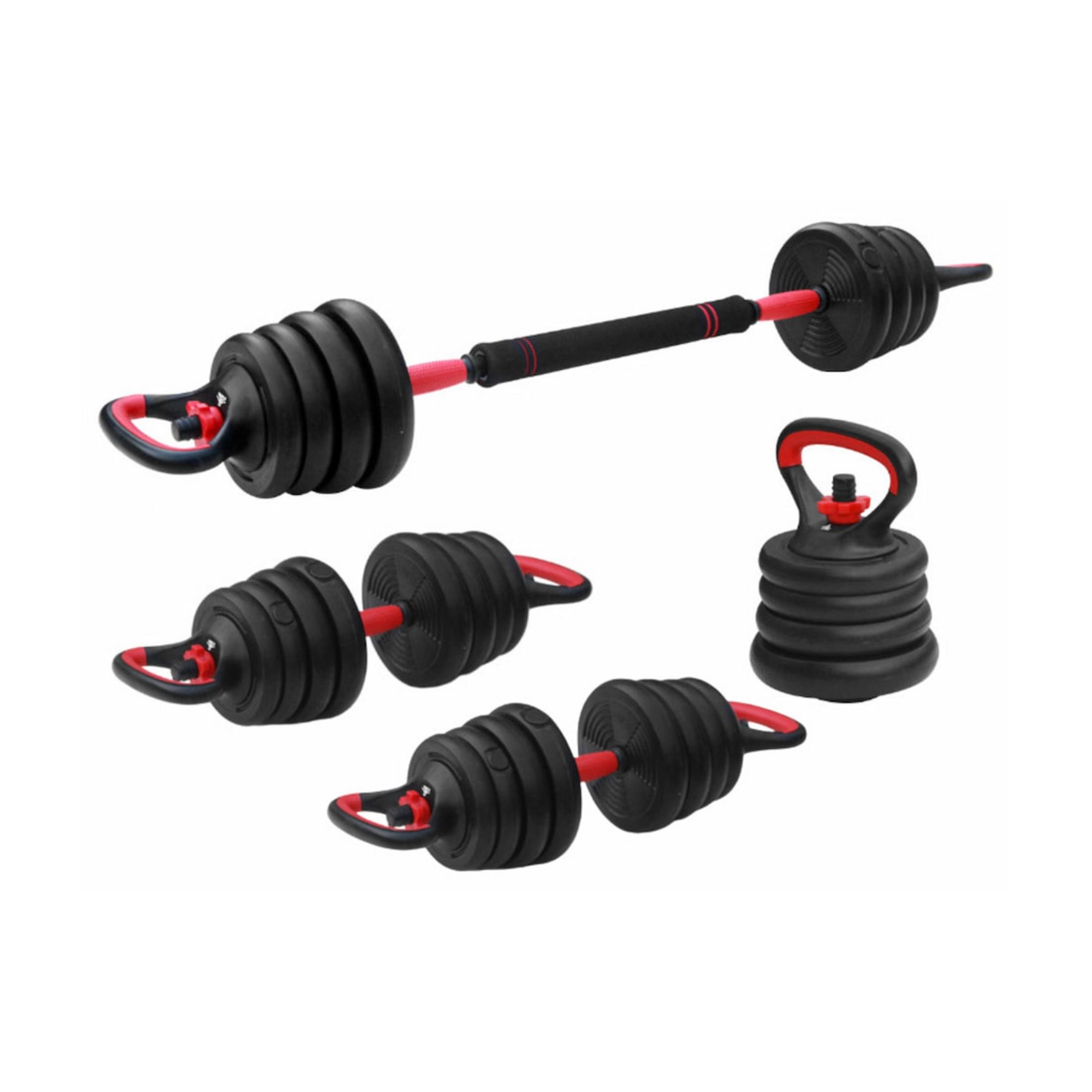 Pesi e kettlebell neri e rossi.